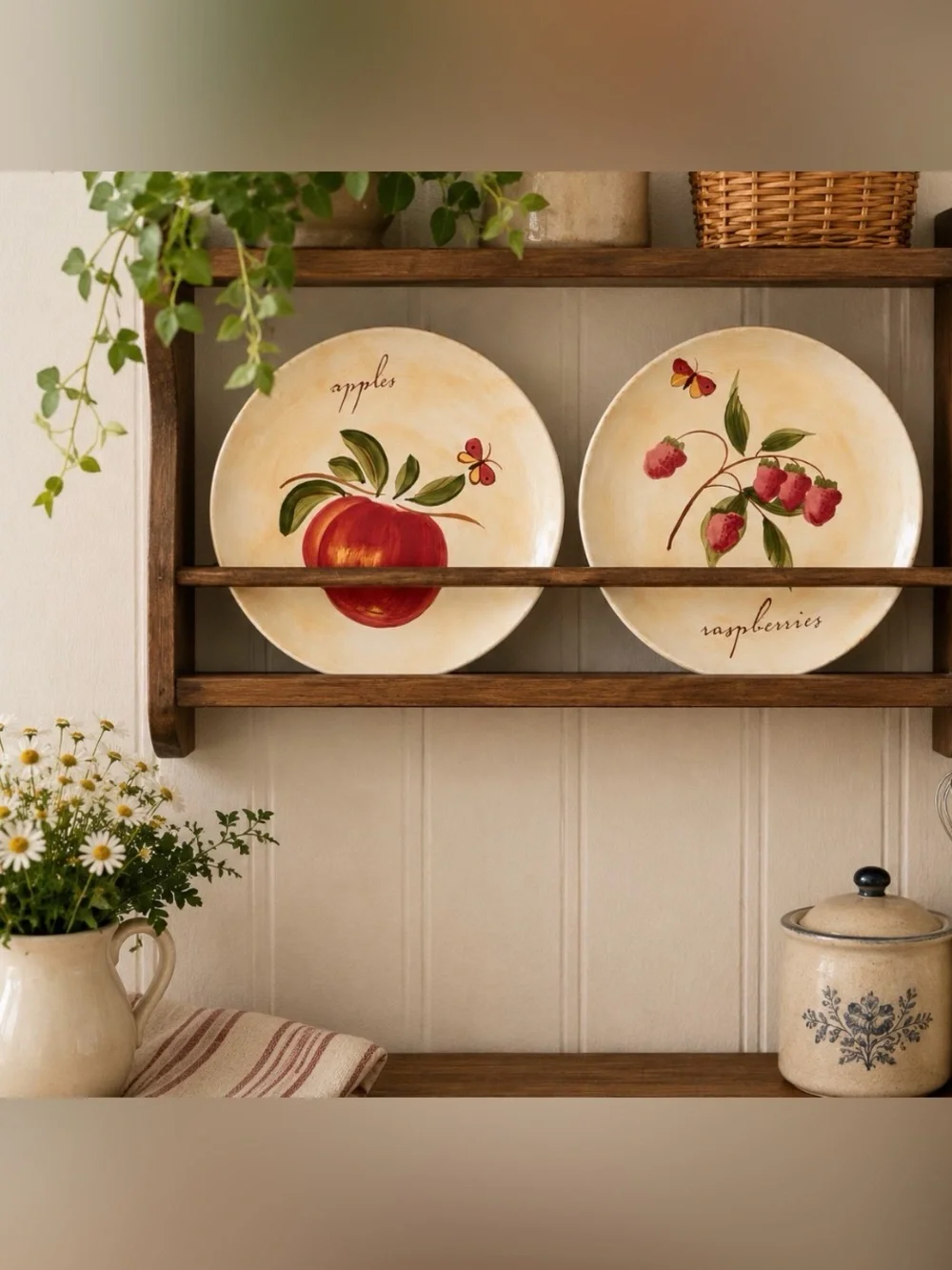 Pier 1 Hand-Painted Fruit Salad Plates Set of 2 – Apples & Raspberries – 8”